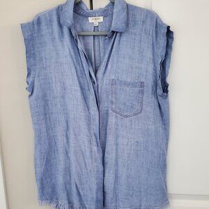 UMGEE Light Denim Chambray Shirt Sz L Button Up V-Neck Classic Boho Linen Cotton